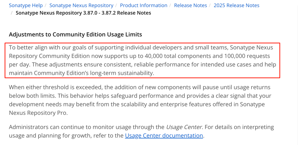 Nexus Repository 3.87.0 - 3.87.2 版本关于社区版使用限制调整的说明