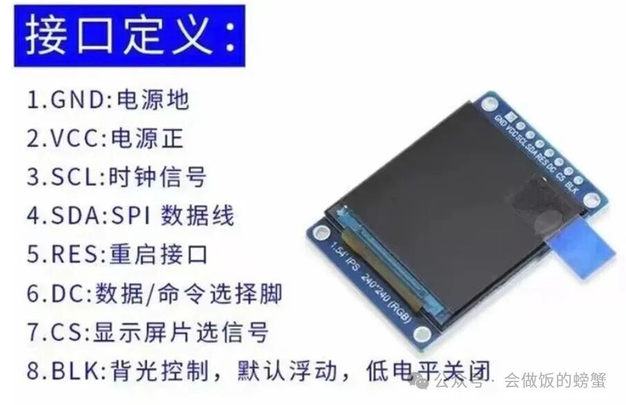 1.54英寸ST7789 LCD屏幕引脚定义图