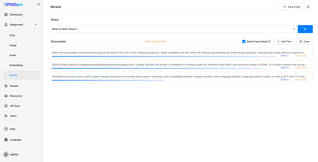 GPUStack Rerank 功能界面