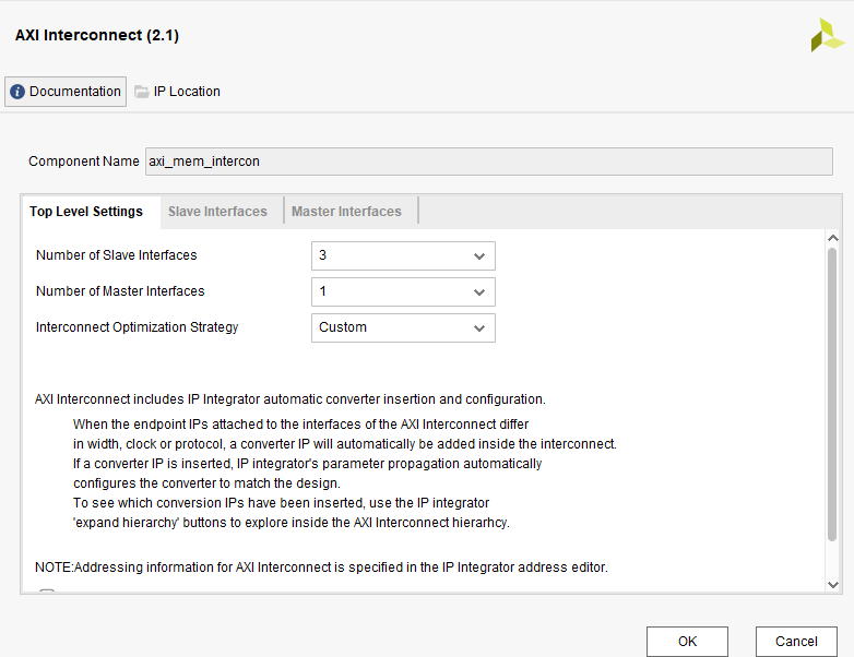 AXI Interconnect 详细配置，Slave Interfaces 设为 3