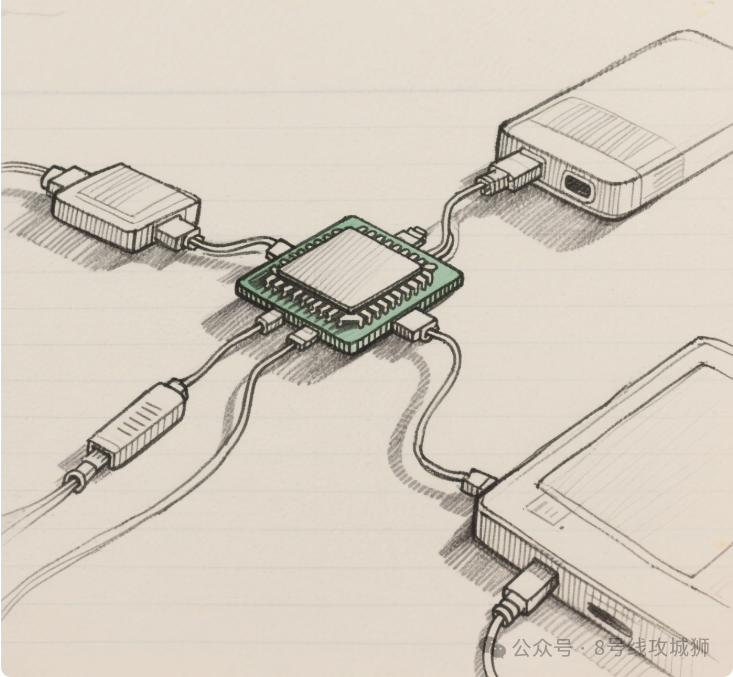 手绘风格电路连接示意图，描绘了芯片通过线缆连接各类电子设备，中心为绿色电路板核心