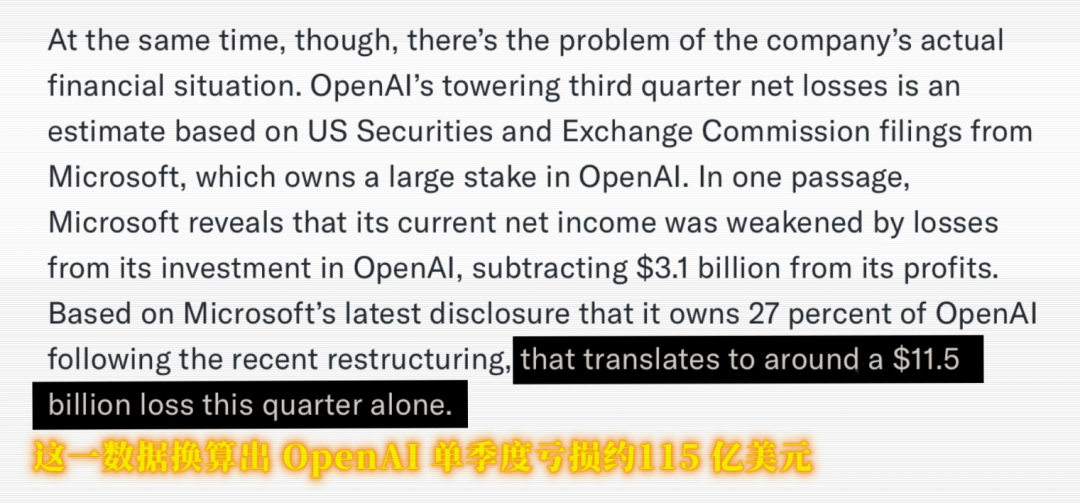 截图显示OpenAI单季度亏损约115亿美元