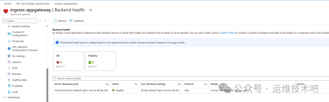 Azure 门户中 Application Gateway 的 Backend health 状态监控页面截图，显示 Backend health（后端健康）信息。左侧导航栏包含 Backend settings、Frontend IP configurations 等选项。主区域上方有说明文字，下方有两个状态卡片：All（1/1，红色心形图标）、Healthy（1/1，绿色对勾图标）。再下方是后端服务器健康详情表格，含 Server（backend pool）、Status（绿色 Healthy 标识）、Port、Protocol（Http）、Details（Success. Received 300 status code）及 Action 列
