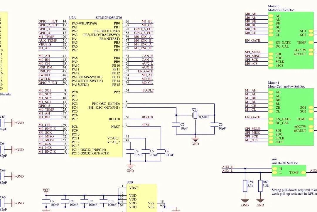 STM32F405RGT6微控制器与双电机驱动模块电路原理图
