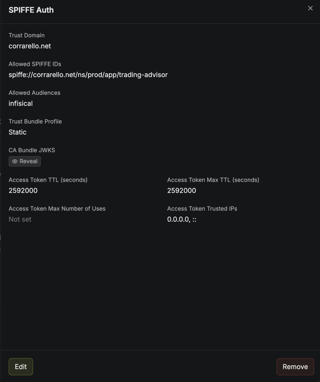 Infisical 中 SPIFFE Auth 配置:信任域、受众和访问令牌 TTL