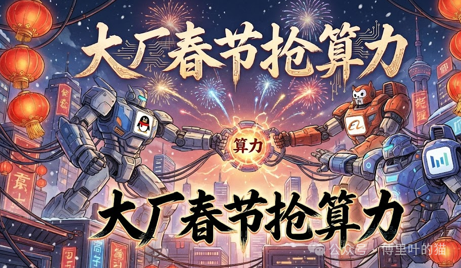 春节AI算力争夺插画：企鹅与橙色机器人争夺“算力”球体