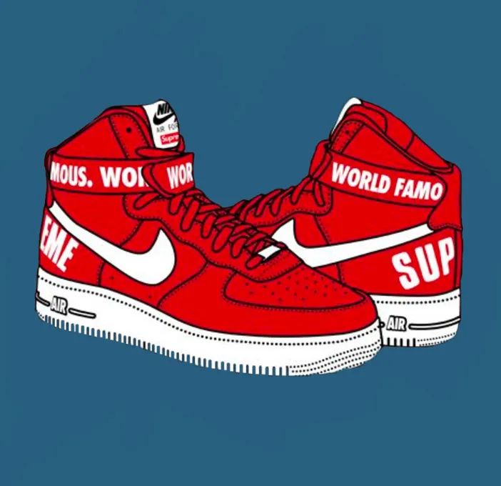 一双融合了Nike与Supreme元素的联名运动鞋插画