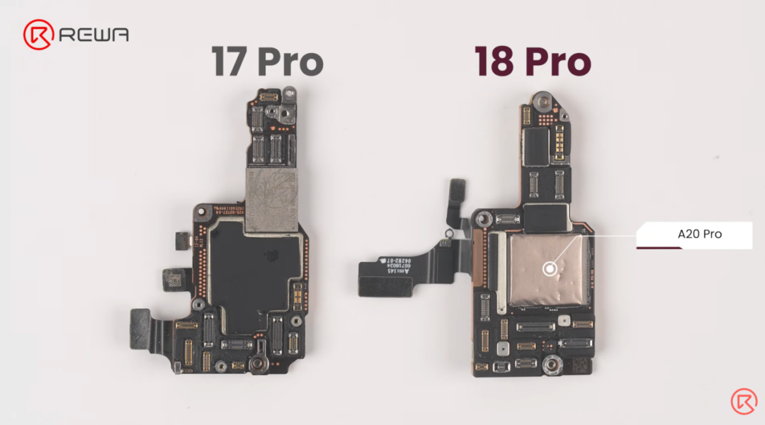 iPhone 17 Pro 与 iPhone 18 Pro 主板标注 A20 Pro 芯片位置对比
