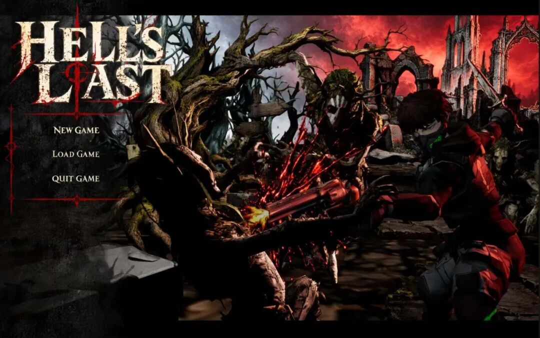 游戏Hell's Last主菜单界面截图,展示黑暗奇幻风格画面