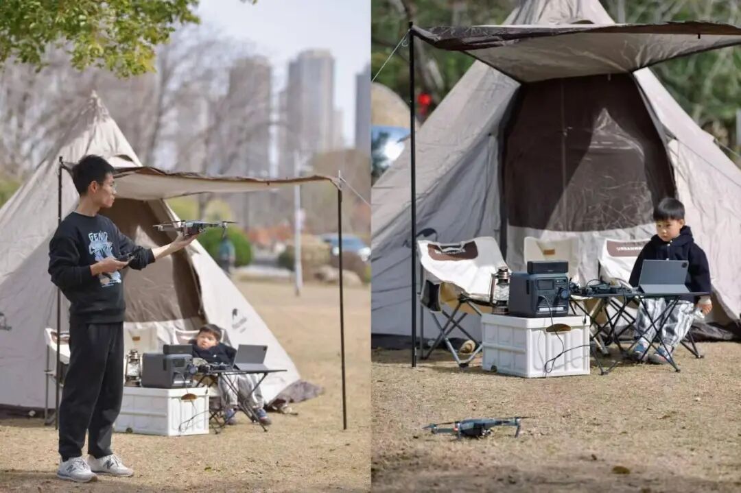 户外露营使用无人机和电脑