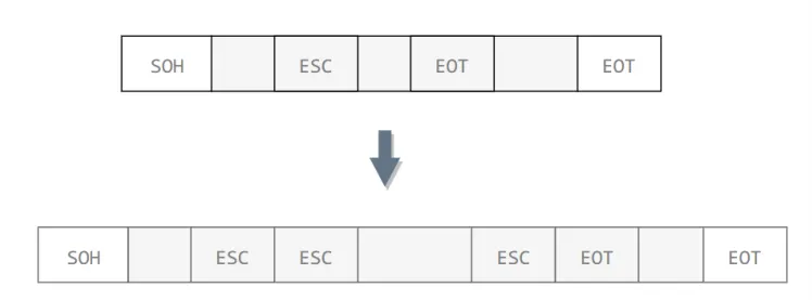 展示包含控制字符的数据帧转义过程的示意图