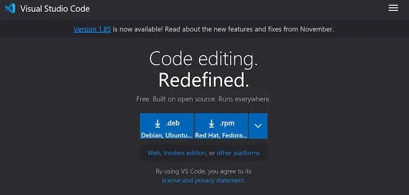 VS Code官网“重新定义的代码编辑”定位截图