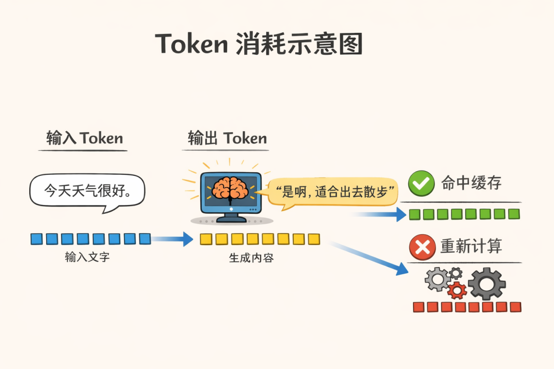 Token消耗示意图：输入、处理、输出与缓存命中流程