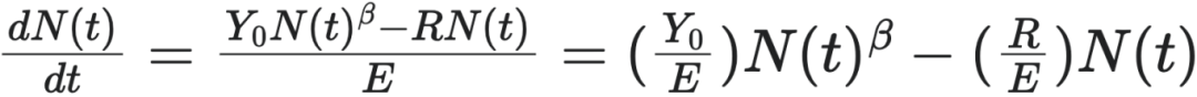 dN(t)/dt = Y₀N(t)^β-RN(t)/E = (Y₀/E)N(t)^β - (R/E)N(t)