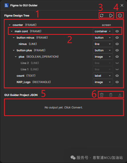 Figma to GUI Guider 插件面板:Figma Design Tree 与 GUI Guider Project JSON 输出区