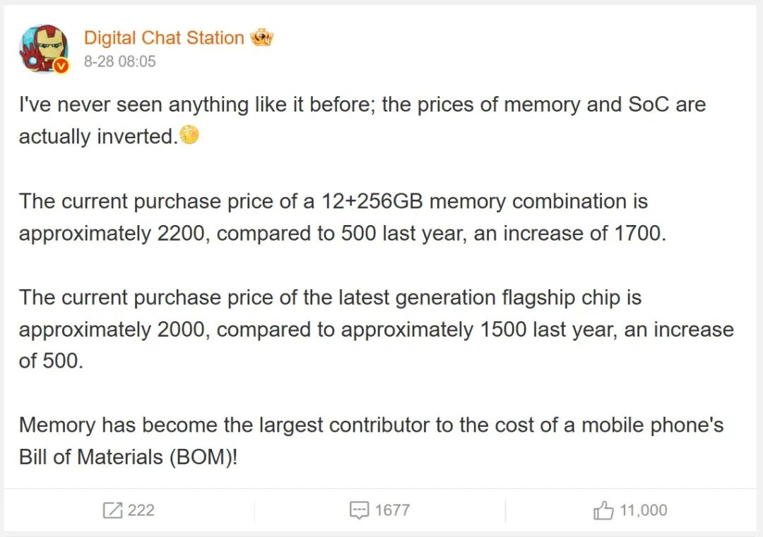 数码闲聊站爆料:12GB+256GB内存组合价格已反超顶级SoC