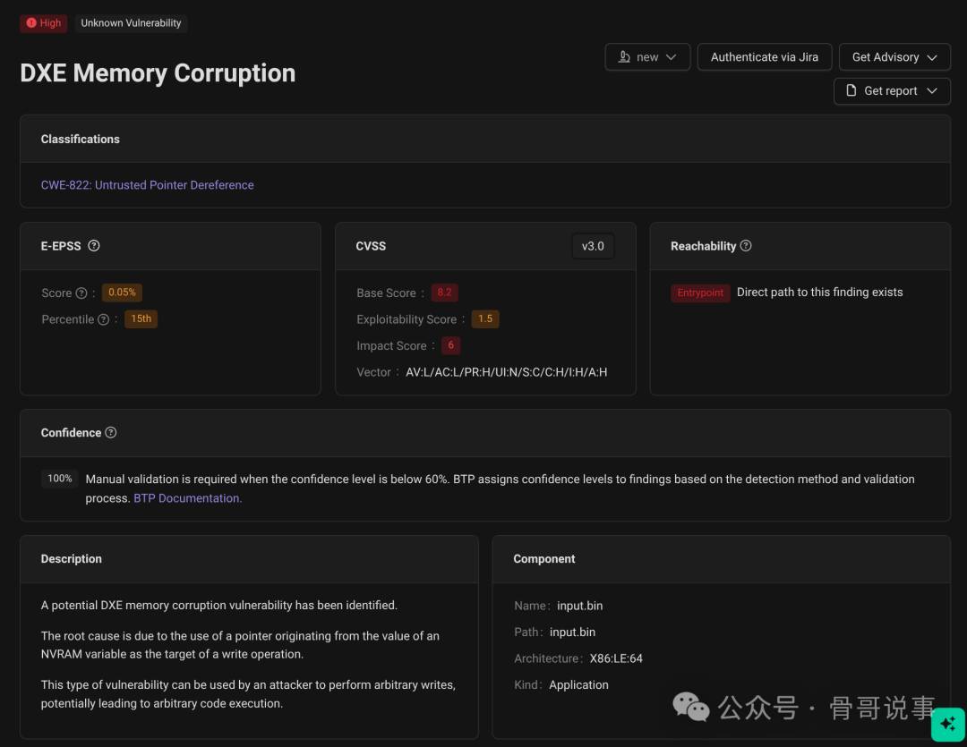 由 Binarly 透明平台生成的漏洞报告