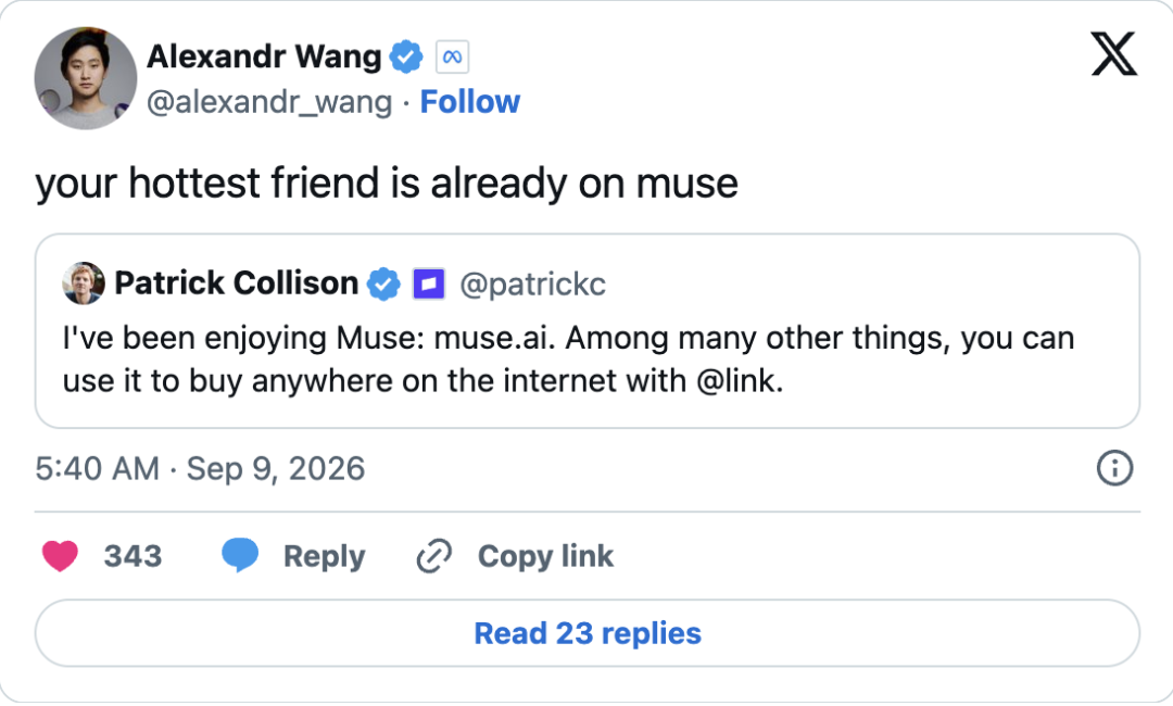 Alexandr Wang转发Patrick Collison推荐Muse的推文截图