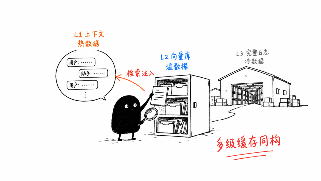 多级缓存同构示意:L1上下文热数据、L2向量库温数据、L3完整日志冷数据