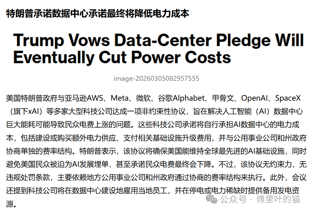 特朗普政府与科技公司就数据中心电力成本达成协议的新闻报道截图