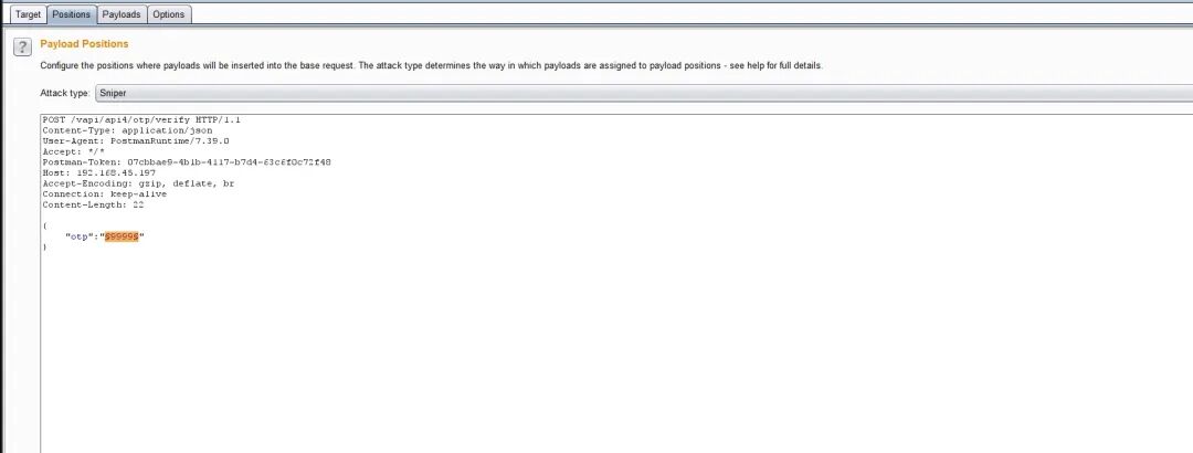 Burp Intruder的Payload Positions设置，选中OTP参数