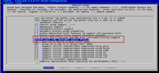 Linux 内核 General setup 配置界面,高亮 Initramfs source file 选项