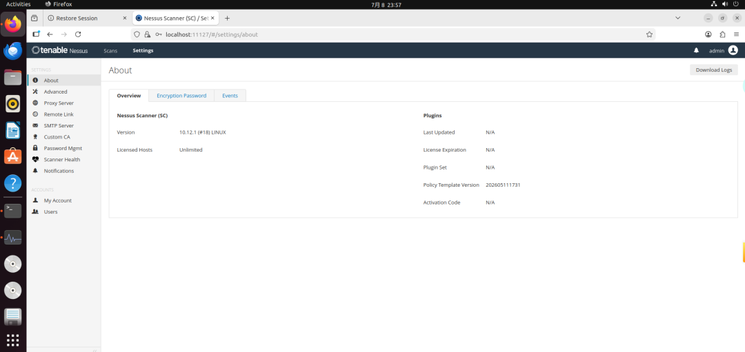 Tenable Nessus Linux 版本 About 页面