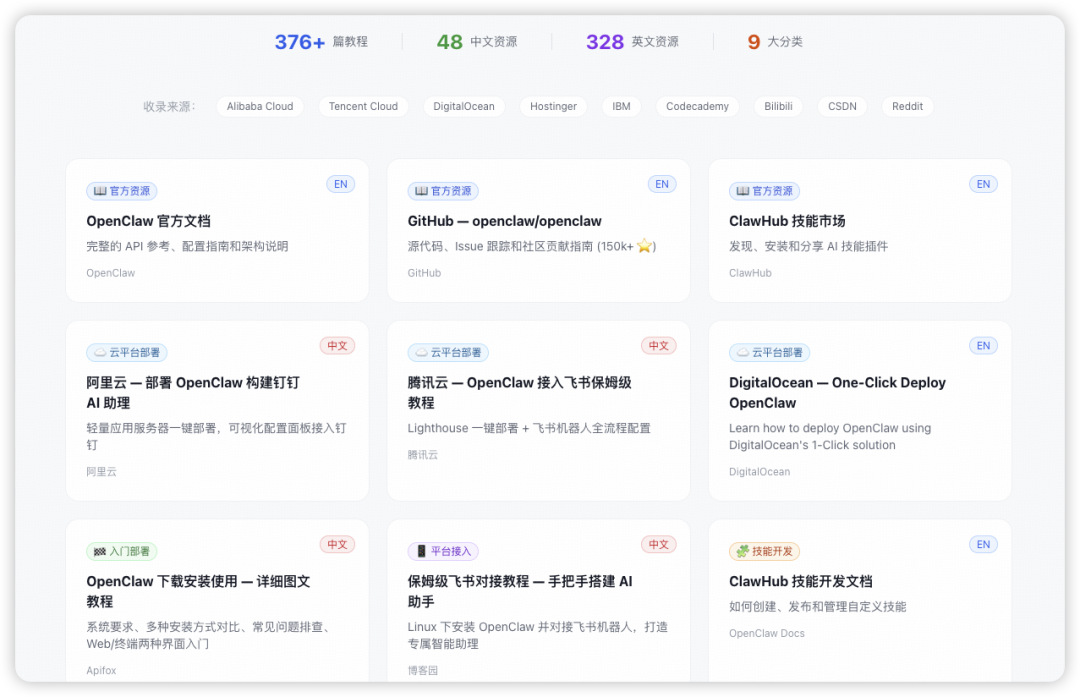 OpenClaw 教程与资源聚合网页截图