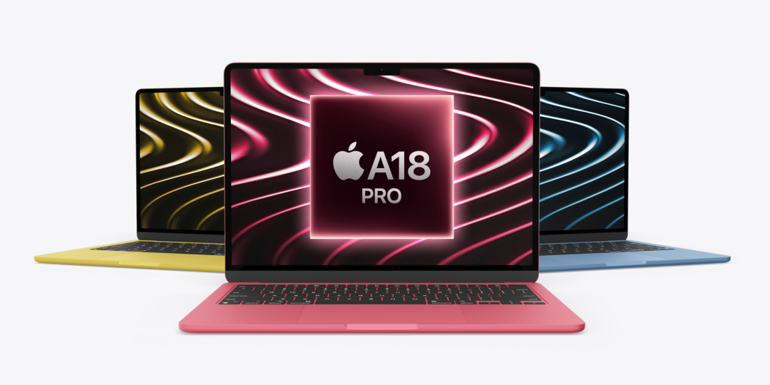 搭载A18 Pro芯片的笔记本电脑概念渲染图，展示多彩机身设计