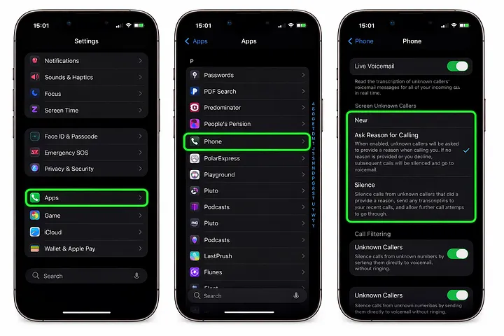 iOS 电话应用中筛选未知来电的设置界面截图