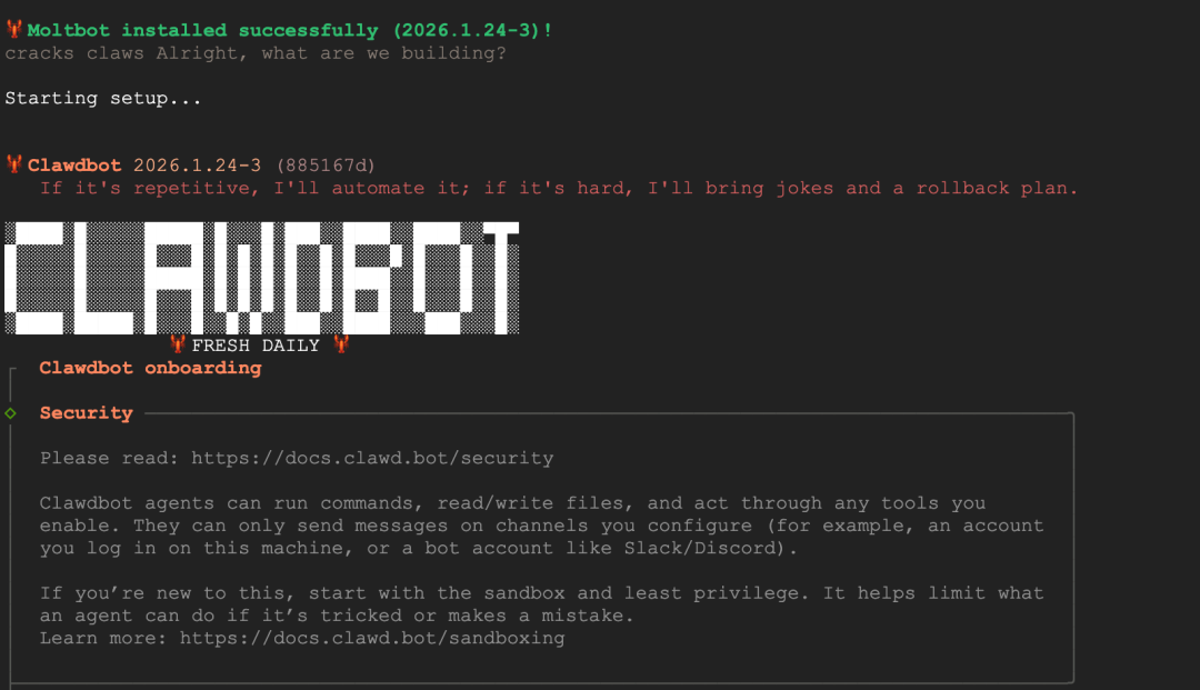ClawdBot安装成功后的启动信息
