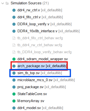 调整后的仿真源文件列表,arch_package.sv位于sim_tb_top.sv之前