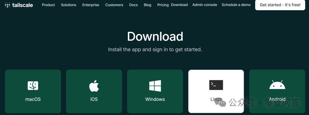 Tailscale 官网下载页面截图，突出显示Linux平台选项