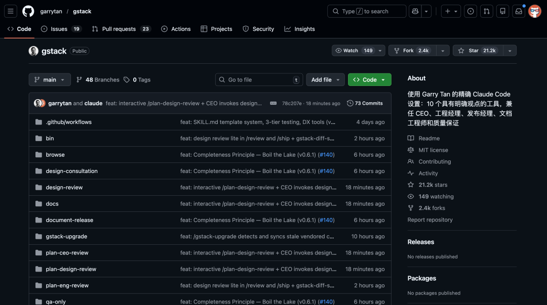 gstack开源项目GitHub仓库首页截图，显示21.2k Stars