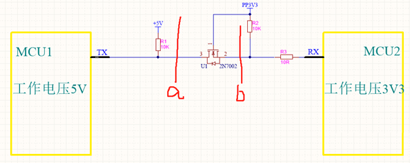 电平转换电路分析图 (含关键节点a, b)