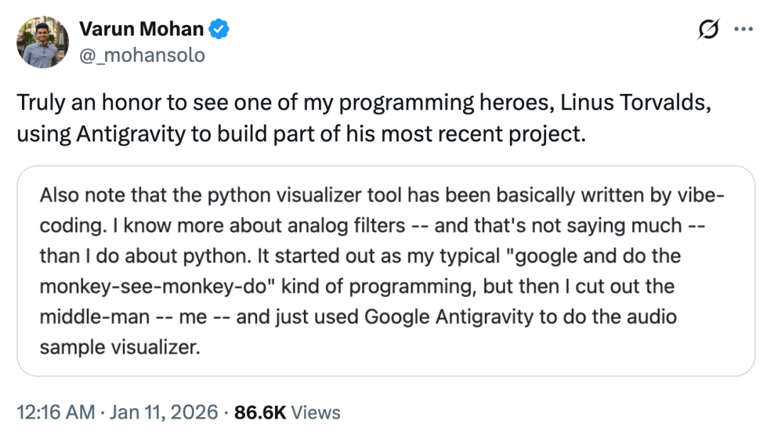 Antigravity创建者Varun Mohan对此事发表的推文截图