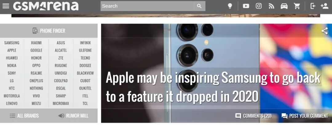 GSMArena报道截图，内容涉及苹果可能促使三星重启可变光圈功能