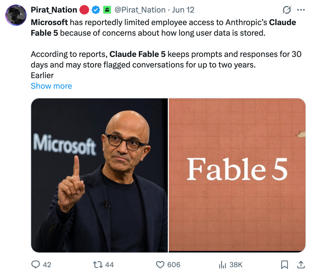 微软限制员工访问Fable 5推文