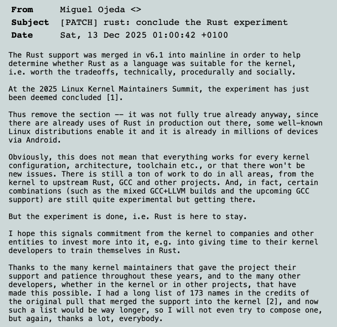 Miguel Ojeda 关于 Rust 实验结束的官方邮件截图