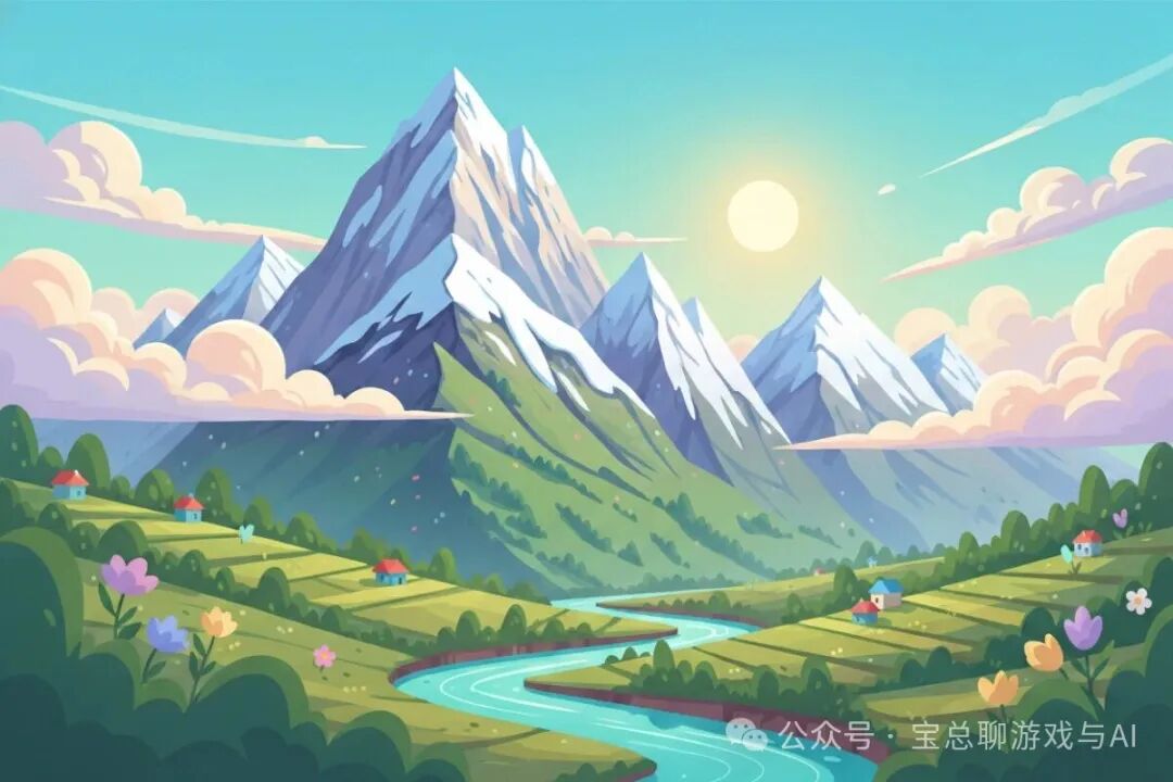 一幅色彩鲜艳、宁静梦幻的卡通风格风景画