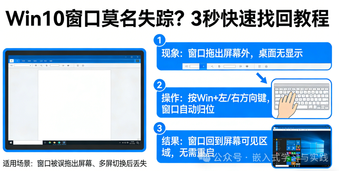 Windows 10窗口拖出屏幕外问题与Win+方向键快速解决方法图示