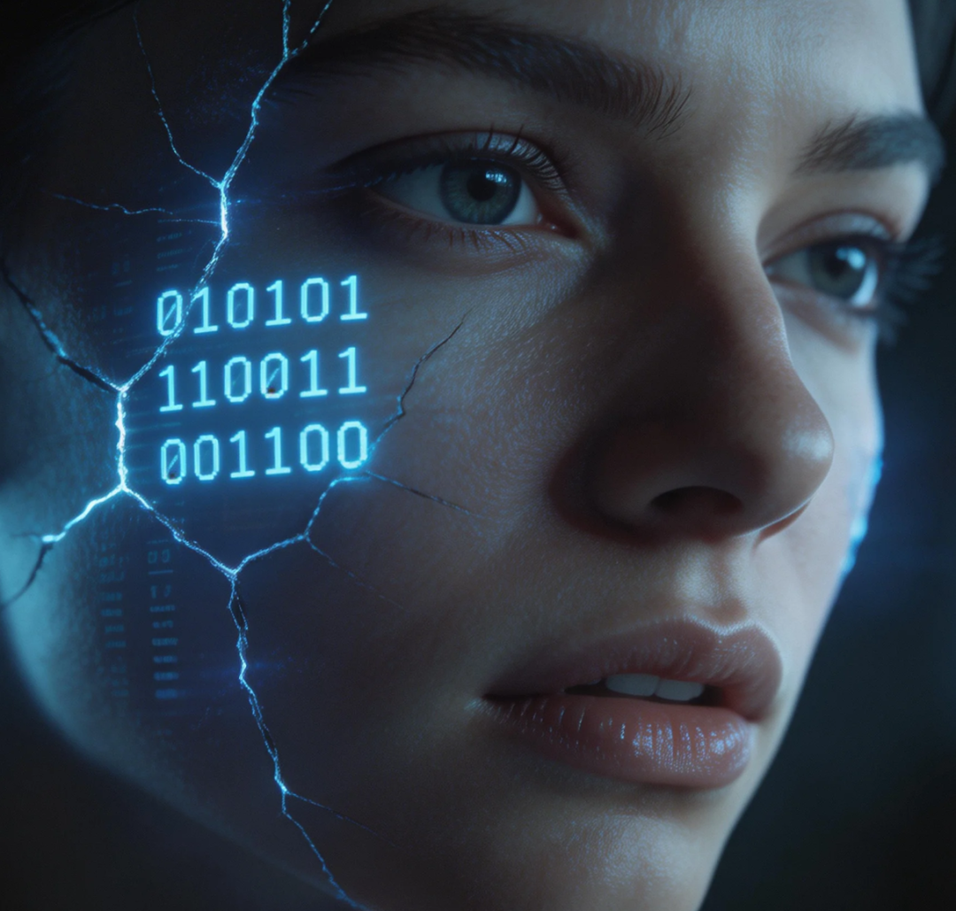 脸部带有发光数字代码特效的女性