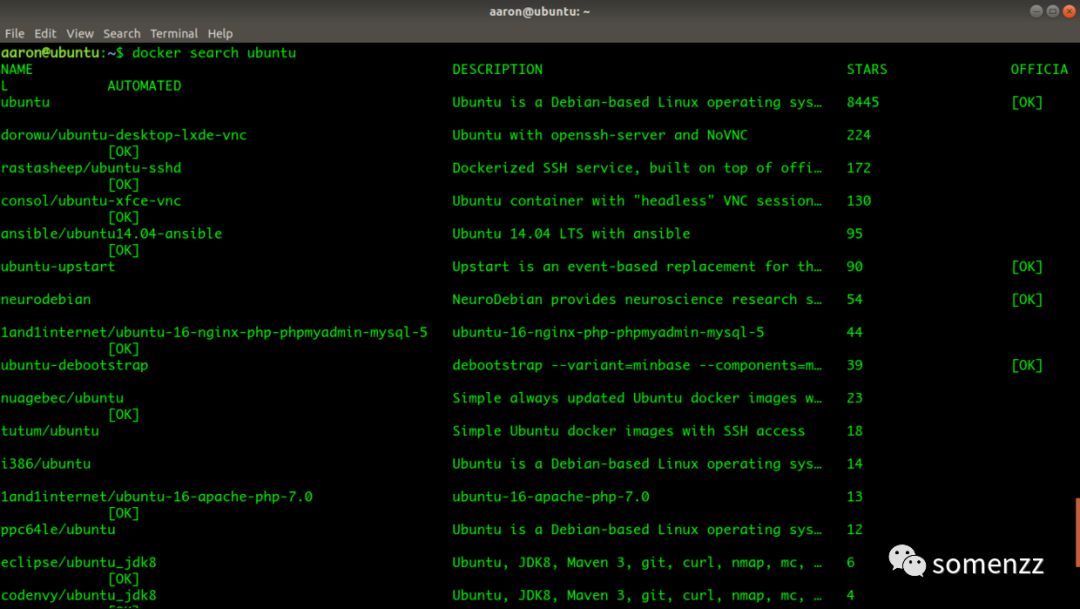 终端中执行 docker search ubuntu 的结果