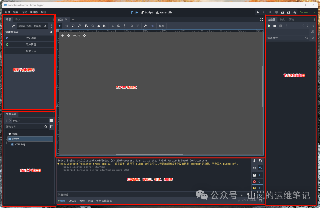 Godot编辑器各区域功能标注
