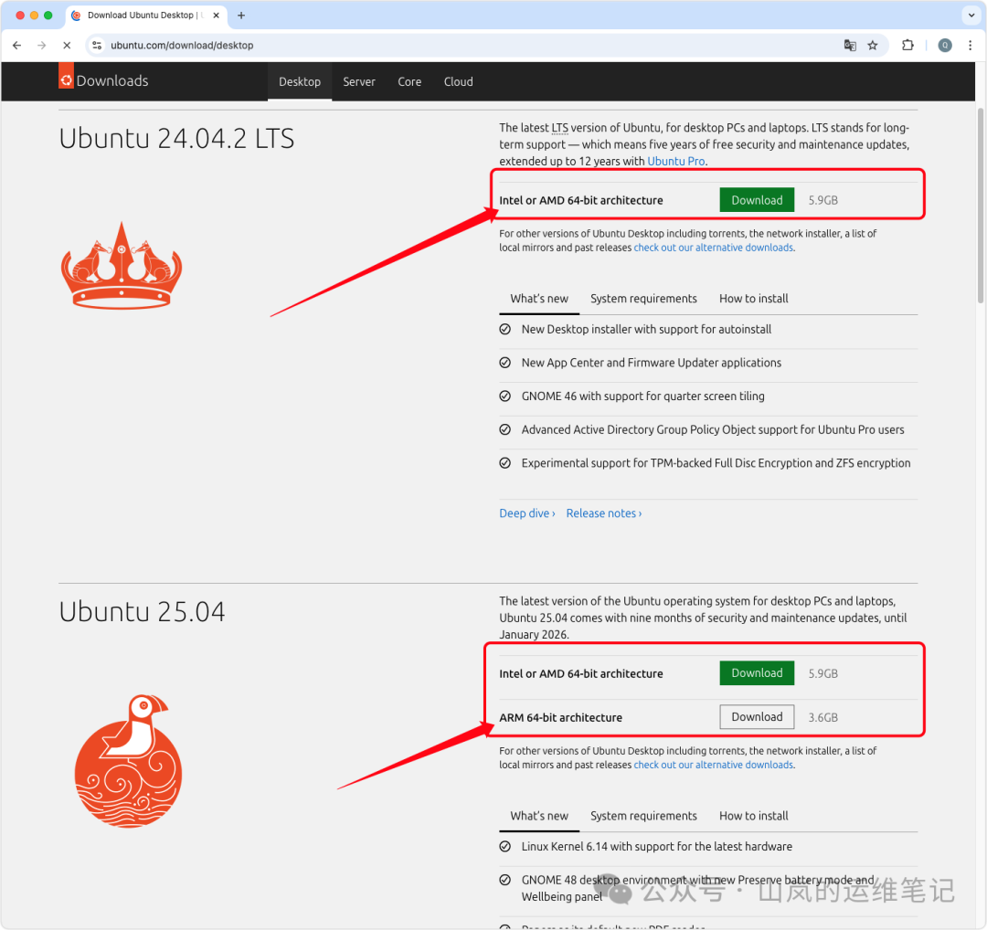 Ubuntu 24.04.2 LTS 和 Ubuntu 25.04 官方下载页面截图，显示不同架构选项