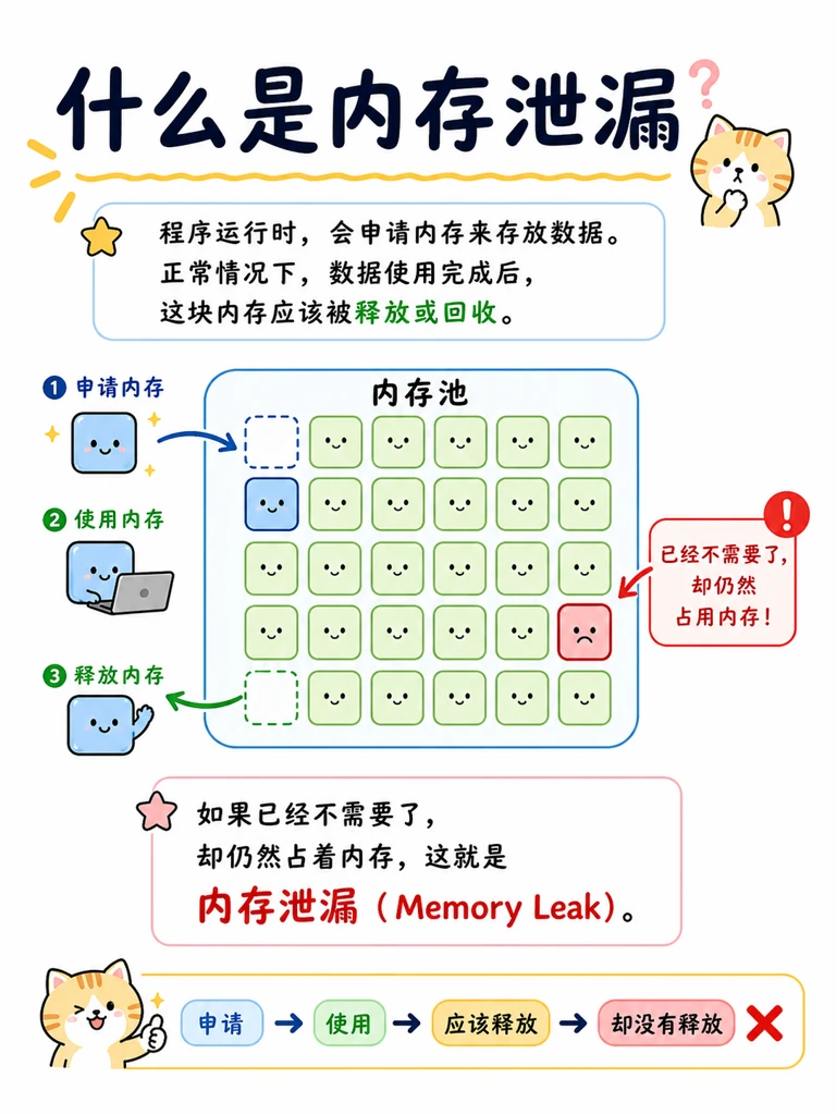 内存泄漏概念示意图:申请内存、使用内存、释放内存