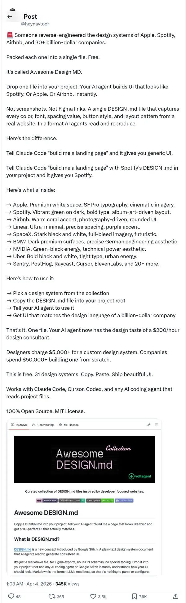 社交媒体推文截图，展示 Awesome Design MD 项目介绍和社区热议
