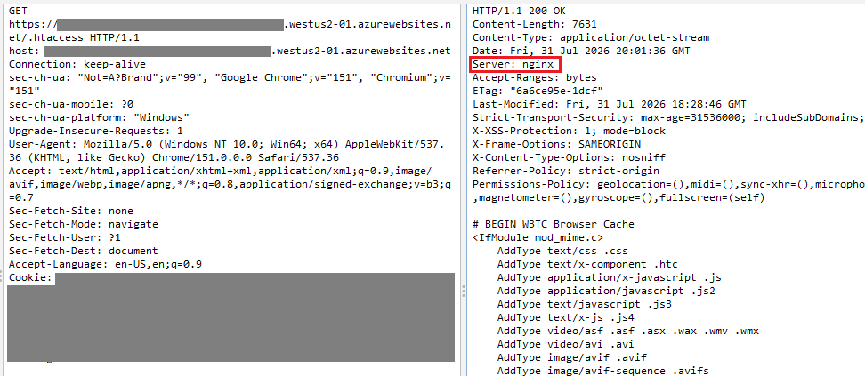 .htaccess 文件 HTTP 响应头信息,Server 字段为 nginx