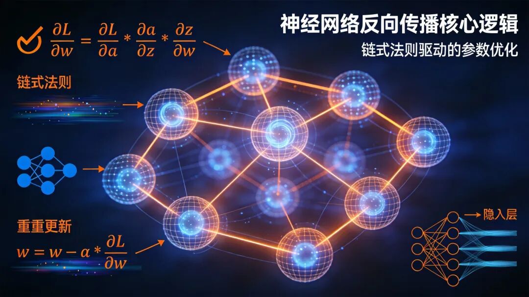 神经网络反向传播核心逻辑示意图