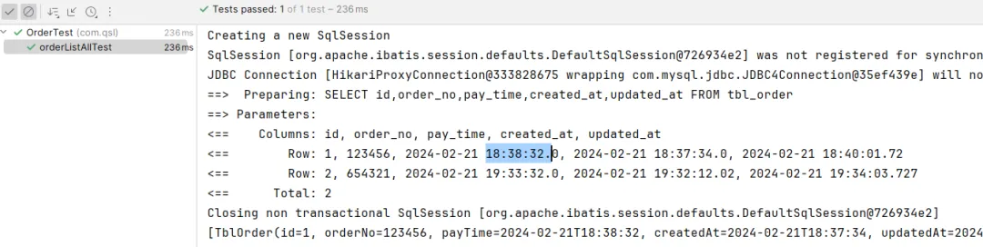 测试通过截图：查询返回两条订单数据